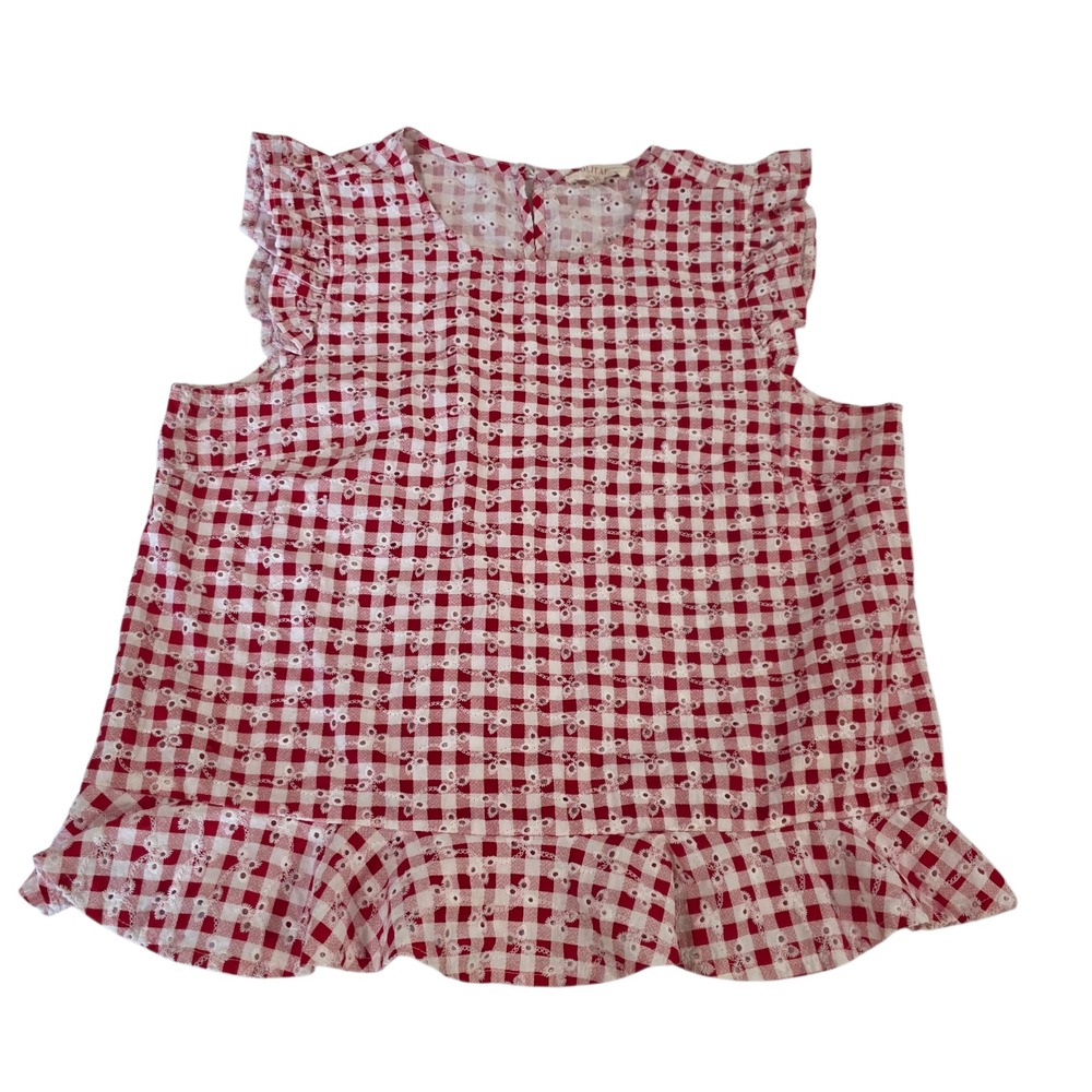 Solitaire Womens Tunic Top Red M Sleeveless Gingham Floral Embroidered Eyelet